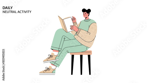 Casual person sitting on a chair reading a book engaging in daily neutral activity