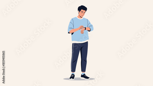 Casual young man checking smartwatch on neutral background with modern fashion style