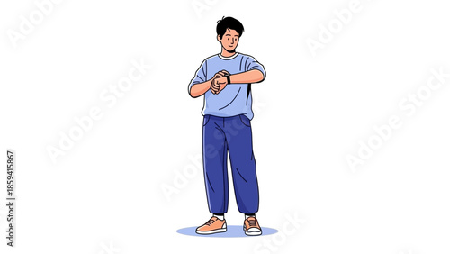 Casual young man checking his watch while standing with crossed arms and relaxed posture