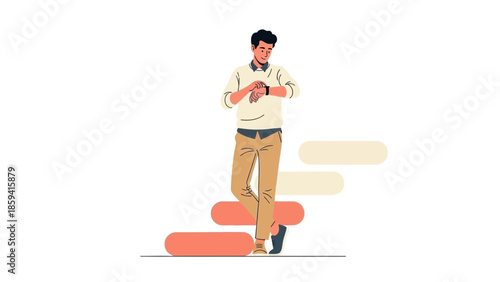 Casual young man checking smartwatch while stepping up with minimalistic background