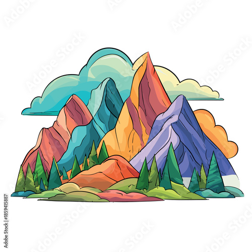 Colorful hand-drawn mountain range illustration featuring vibrant peaks, a green pine forest, and stylized clouds in a bold, adventurous cartoon art style