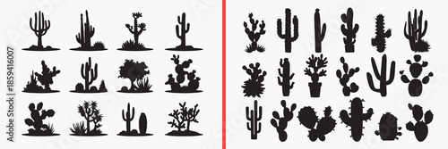 cactus silhouettes vector, desert plant clipart, succulent cactus svg, arid plant illustration, prickly plant graphics, black cactus silhouettes, desert nature vector art, botanical desert design, cac