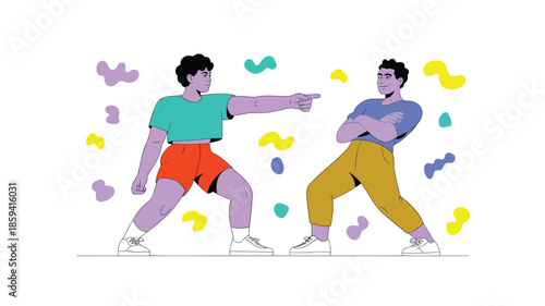 Two men in dynamic poses interacting with each other surrounded by colorful shapes on white background