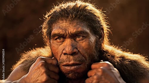 Realistic portrait of a neanderthal man with thick hair and brow ridge, dramatic warm lighting, ancient human ancestor
