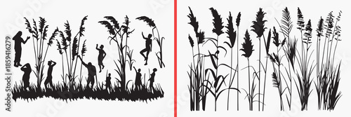wild grass silhouettes vector, meadow plant clipart, botanical grass svg, nature vegetation illustration, field plant graphics, black grass silhouettes, countryside vector art, natural foliage design,