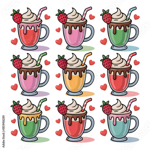 Colorful chocolate milkshakes with strawberries and straws a delightful treat