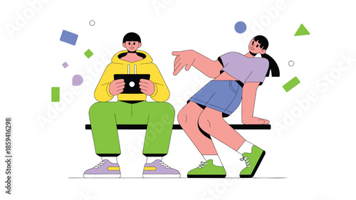 Two young adults sitting on a bench, one using a tablet while the other points and interacts, surrounded by colorful geometric shapes, conveying