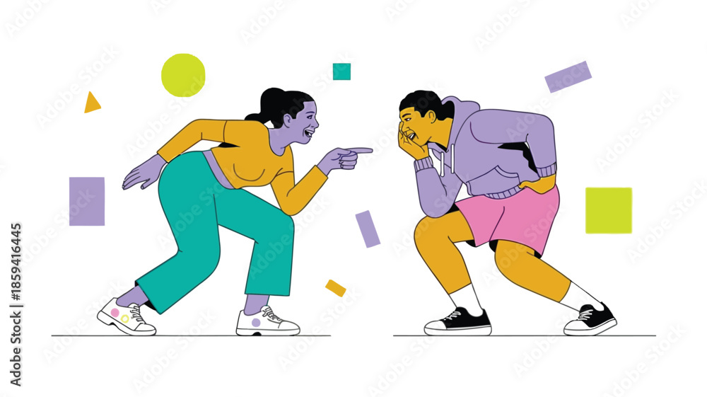 Fototapeta premium Two women in colorful casual wear arguing and pointing fingers at each other in a playful illustration