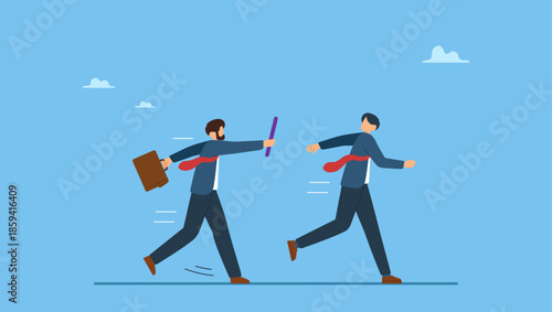 Businessmen colleagues partner passing baton while running to achieve success. Business baton pass, relay, job handover or partnership and teamwork to help winning business.