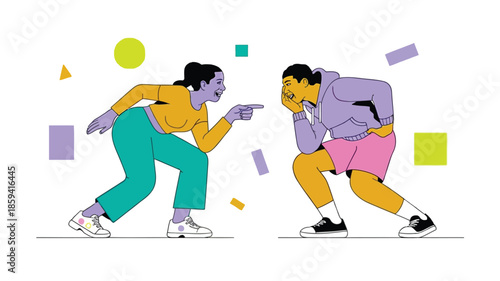Two women in colorful casual wear arguing and pointing fingers at each other in a playful illustration