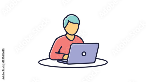 A person working on a laptop in a simple, modern workspace.