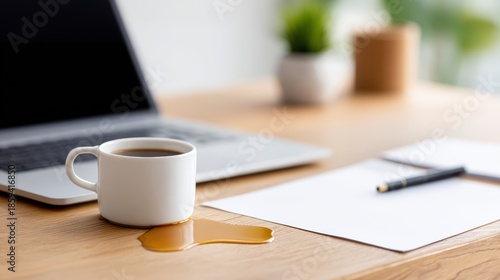 Coffee cup with spilled beverage on wooden desk beside laptop, blank sheets of paper, and pen, creating a casual workspace atmosphere with potential for creativity
