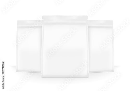 Vertical flat bottom gusset bag mockup for food, sport nutrition. Front view. Vector illustration isolated on white background. Can be use for template your design. EPS10.