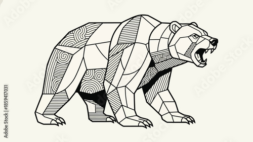 Geometric bear illustration showcasing polygonal design and aggressive stance with open mouth.