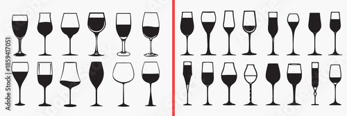 wine glass types vector, drinkware silhouettes clipart, alcohol glass svg, beverage illustration, wine goblet graphics, black wine glass silhouettes, bar vector art, glassware design elements, wine gl