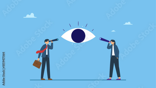 Business people team members using telescope to look into same visionary. Sharing same business vision, teamwork strategy to achieve goal together, work collaboration to win same mission.