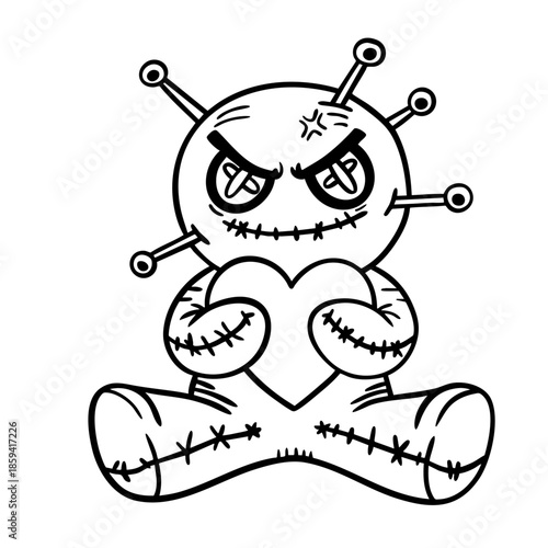 Vector illustration set of voodoo dolls with hearts and pins for love binding and relationship concepts. Isolated line art poppets for gothic valentine and mystical themes.
