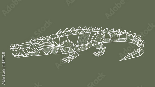 Geometric crocodile illustration on a green background, artistic reptile design.