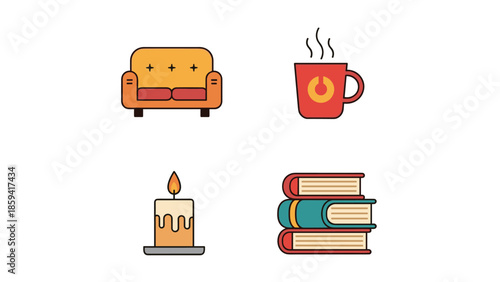 Relaxing indoors with a hot beverage, books, and a lit candle on a cozy sofa