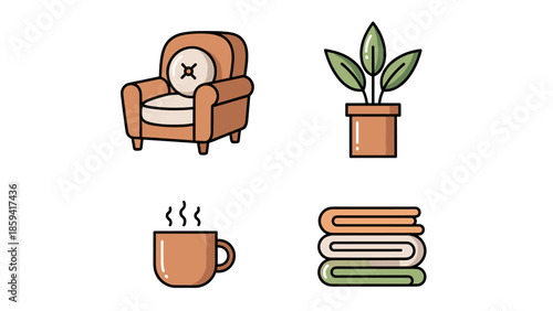 A cozy reading nook with a comfortable chair, a potted plant, a steaming cup, and a stack of books