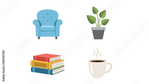 A serene scene featuring a chair, a plant, books, and a cup of coffee in a cozy setting.