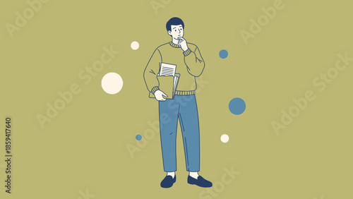 Contemplative young man holding books and thinking deeply about learning and ideas in a modern