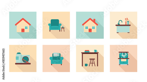 Illustration of various home furniture and decor items in a clean and minimalist style