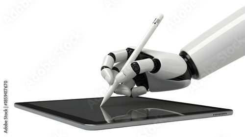 Robot hand holding stylus pen on tablet screen isolated on transparent white background