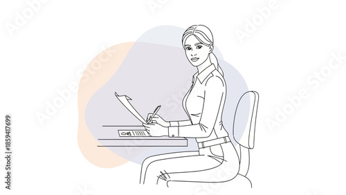 Elegant young woman working at a desk with a laptop and taking notes in a modern office environment