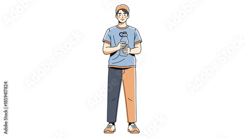 Illustration of a confident young man holding a water bottle dressed in casual sportswear standing