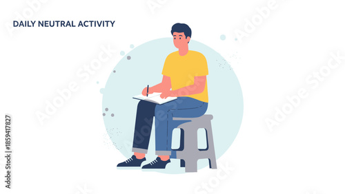 Illustration of a man engaging in daily neutral activity while sitting on a stool and writing in a