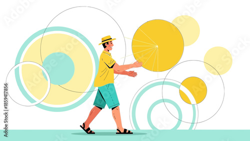 illustration of a man reaching out towards abstract circular shapes in a minimalistic design