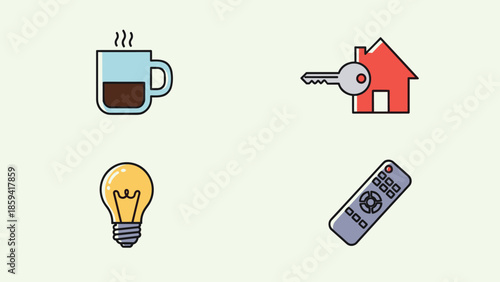 Morning routine with coffee and a key to a house, illustrated with simple icons of everyday objects