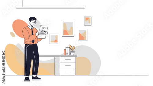 Illustration of a man reading a newspaper in a modern home office or living space with decorative
