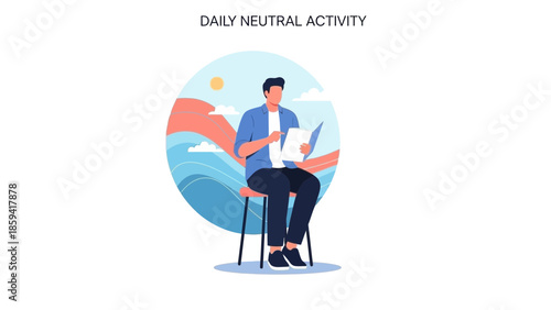 Illustration of a Man Sitting on a Chair Working on a Laptop During Daytime with a Scenic Background