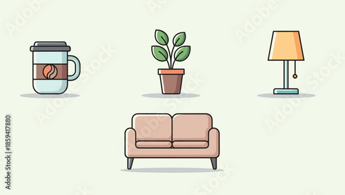 A minimalist living room scene featuring a sofa, coffee, plant, and lamp viewed from the front.