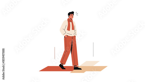 Illustration of a man walking on a colorful tiled floor with a casual outfit and a warm scarf