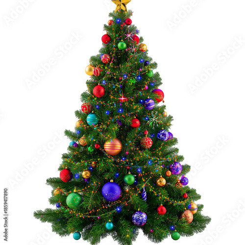Festive Christmas Tree: A vibrant and exquisitely adorned Christmas tree, sparkling with colorful ornaments and twinkling lights, ready to celebrate the joyous season.