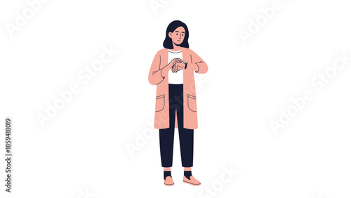 Illustration of a woman checking her smartwatch while standing isolated in a white background