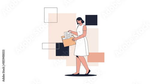 Illustration of a woman carrying a box filled with documents and papers in a minimalistic modern