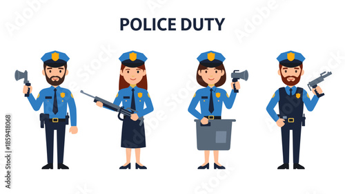 Diverse police officers in uniform performing various duties with firearms and equipment