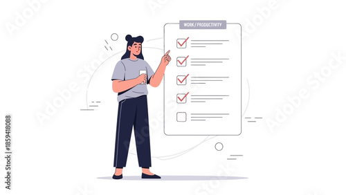 Illustration of a woman checking off tasks on a work productivity checklist for effective task