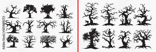 bare tree silhouettes vector, winter tree clipart, leafless tree svg, dry tree illustration, spooky forest graphics, black tree silhouettes, nature vector art, tree shape collection, dead tree design,