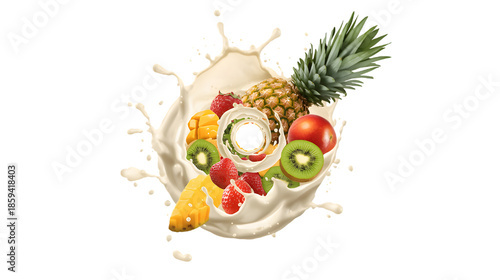Tropical fruit medley in creamy splash: Vibrant tropical fruit composition with splashes of creamy liquid, offering a burst of flavor and visual appeal, and creating a feeling of refreshment.