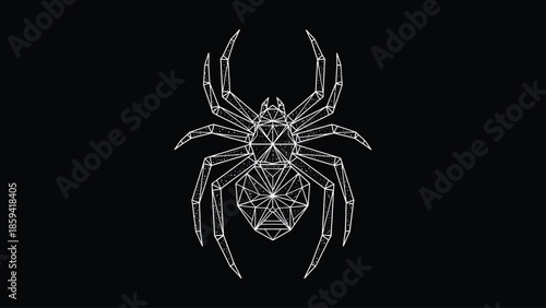 Geometric spider illustration against a black background, showcasing intricate lines and design.