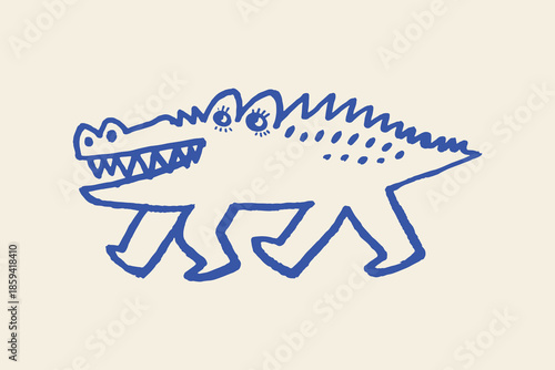 Crocodile walking naive doodle bold outline vector illustration