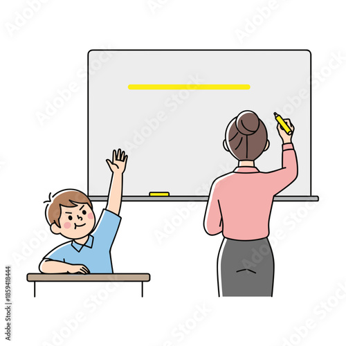 Young boy raising hand in classroom while teacher writes on board  