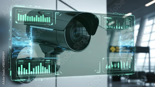 An advanced AI security camera in an airport terminal activates a holographic interface, performing a biometric scan and data analysis of a person for identification and threat detection