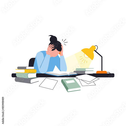 Student feeling overwhelmed while studying at desk with books  