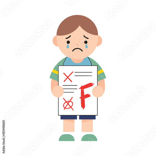 Sad boy holding a report card with an F grade and tears  